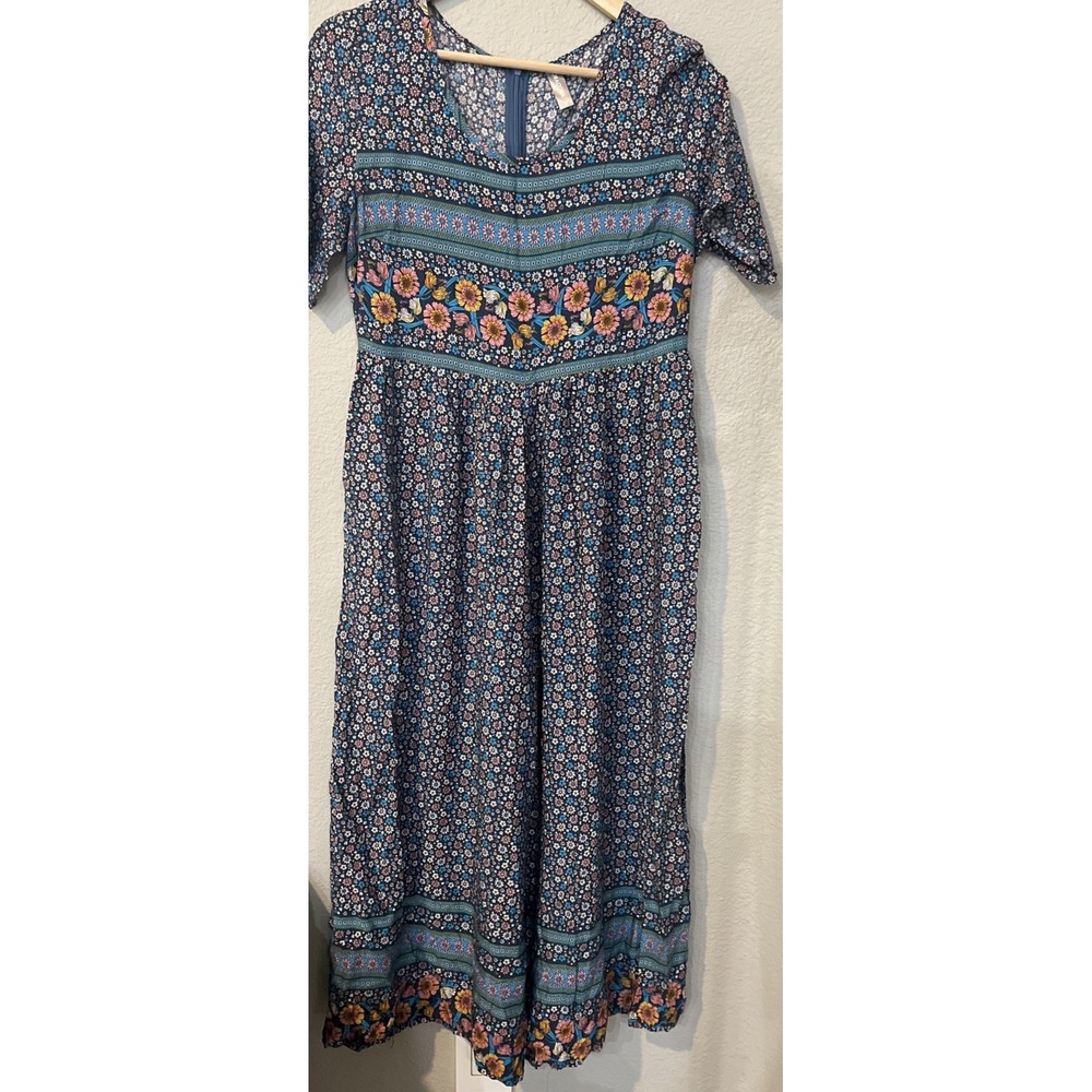 Noracora  Floral BLUE MULTICOLOR Pockets Boho Jumpsuit Peasant Festival MEDIUM